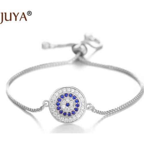 Juya Fashion Copper Inlaid Clear and Blue Zircon Turkish Round Evil Eye Bracelets For Women Lucky Amulet Jewelry Bracelet
