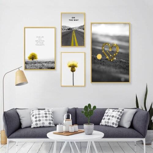 Canvas Painting Nordic Posters And Prints Golden Yellow Road Tree Dandelion Love Flower Wall Art Picture For Living Room Decor