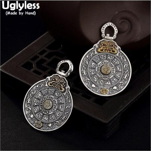 Uglyless 100% Real Solid 925 Sterling Silver Zodiac Pendants Necklaces NO Chains Ethnic Thai Silver Round Pendant Fine Jewelry