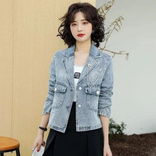 Retro Denim Jackets Womens Short 2021 Autumn Spring Korean Fashion Ins Tide Flap Pocket Cardigan Suit Collar Jacket Female 496