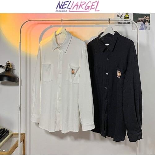 NELLARGEL Women Waffle Smiley Face Long Sleeve Shirt 2021 Female Button Up Cute Collared Blouses Girl Korean Fashion Kpop Shirts