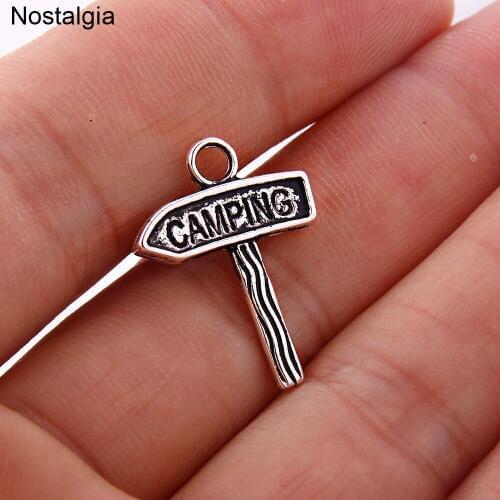 Nostalgia 20Pcs Camping Road Sign Message Charms Guide Word Pendant Tibetan Silver Tone Craft Jewelry 22*17MM