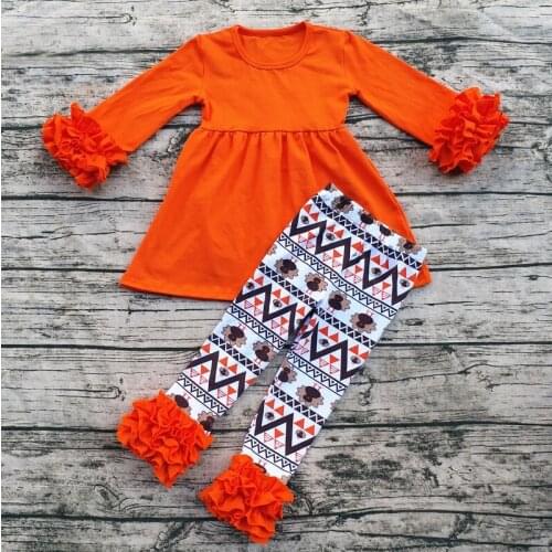 Personalized New Arrival Children Orange Harvest Boutique Thanksgiving Outfits Turkey Holiday Ruffle Baby Clothing Set