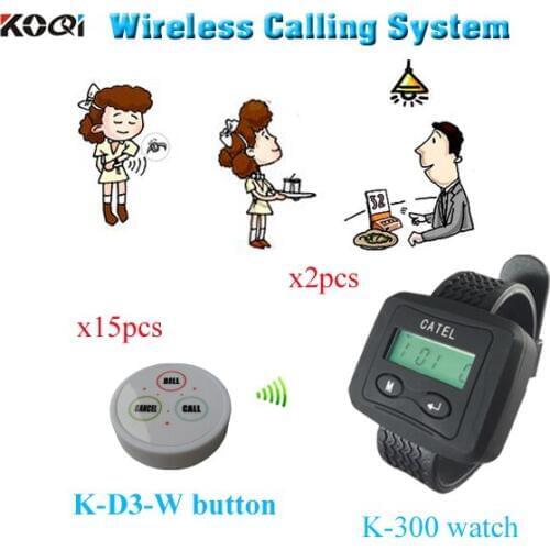 Waiter Pager System for a Restaurant with digital coaster beeper button buzzer ( 2 watch pager +15 table bell button)