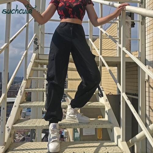 SUCHCUTE metal Womens Pants Wide Leg Gothic Sweatpants Punk Korean Style Trousers Female Joggers Korean Style Harajuku