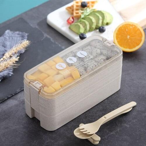 1100 Ml Three-Layer Container with Tableware Sealed Lunch Box Anti-Side-Exposing Wheat Straw Material Environment-Friendly
