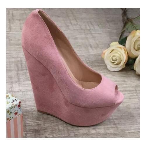 Black Pink Suede Woman Shoes Peep Toe Platform Wedge Pumps Ladies Super Wedged heels Slip on Dress Heels Club Wearing Shoes