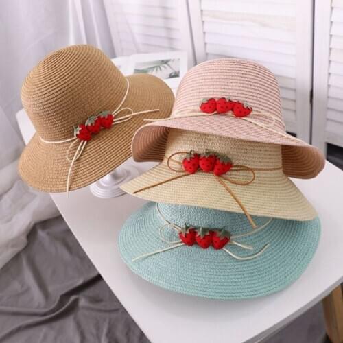 2020 Women Woven Straw Sun Hat Cute Strawberry Bowknot Wide Brim Packable Beach Cap