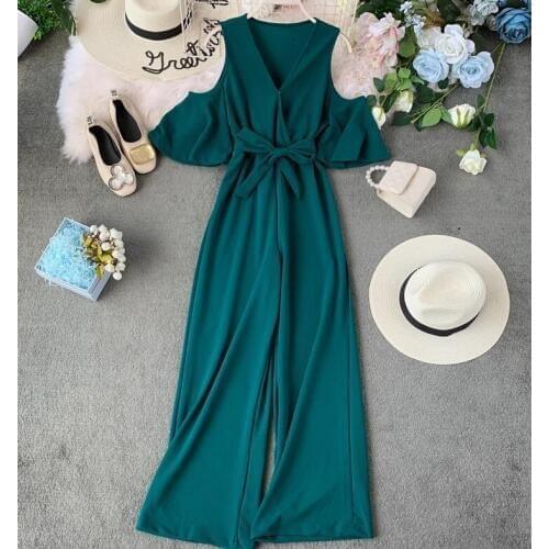 Womens spring summer sexy off shoulder flare sleeve jumpsuit female high waist bow belt wide leg pants overall TB1282