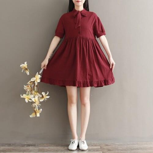 Mori girl burgundy cotton linen dress 2019 summer fashion bow short sleeve elegant sweet dress