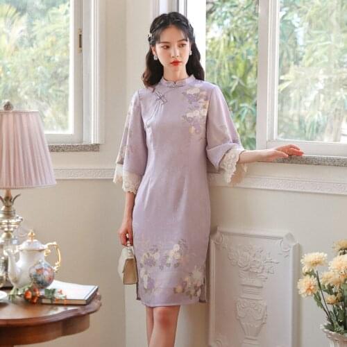 Modern Chic Girl Purple Gentle Sweet Cheongsam Women Summer 2021 Lace Stitching Vintage Print Elegant Qipao Vestido de mujer