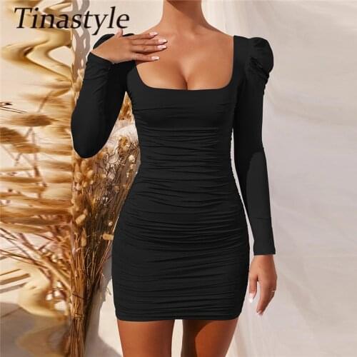 Tinastyle Black Puff Sleeve Sexy Winter Dress For Women Square Collar Backless Ruched Party Dress Casual Christmas Dresses New
