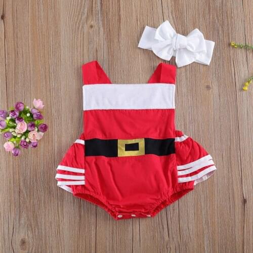 Infant Baby Girl Christmas Outfits Cute Santa Sleeveless Ruffle Romper + Headband 2Pcs Clothes Set