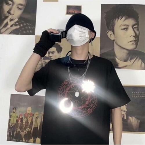 2021 Summer Cotton Loose Tops Tees Streetwear Men Oversize Hip Hop T-Shirt Guochao Reflective Loose Short Sleeve