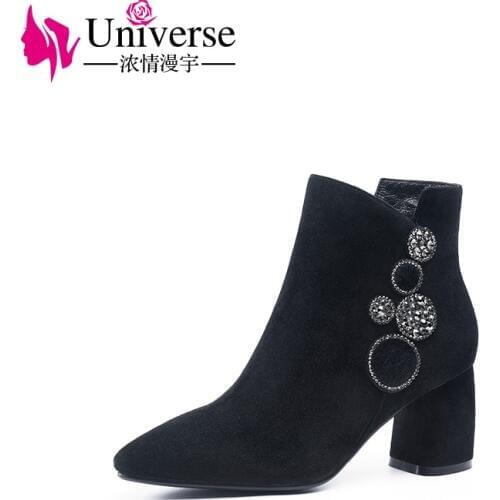 Universe Crystal Decoration Kid Suede Ankle Boots Handmade Women Warm Short Plush Lining Shoes Winter 6.5cm/2.56" Square H282