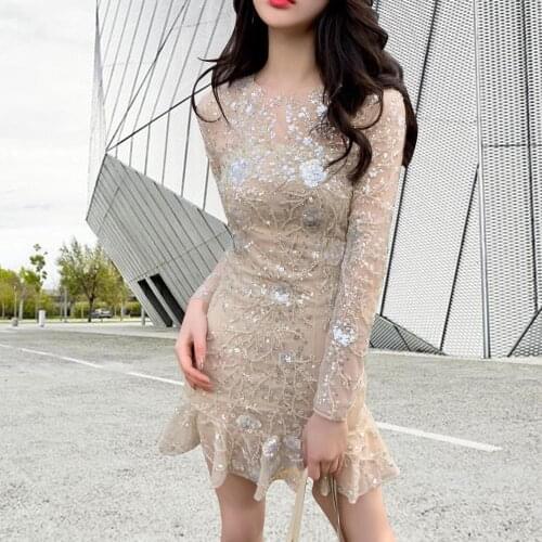 Cakucool New high-end designer long sleeve apricot sequined pearl beading embroidery dress slim party sexy slim vestido dresses