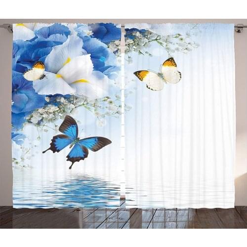 Floral Curtains Blue and White Wild Flowers with Monarch Butterflies Lily Therapy Zen Spa Art Prints Living Room Home Decor