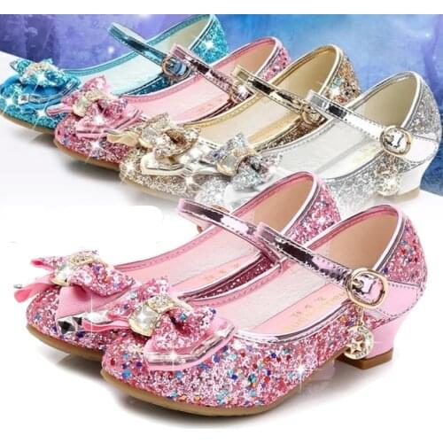 Bow Kids Leather girls shoes Princess Casual Children High Heel Girls Sandals Butterfly Knot Blue Pink Silver Red Sandals Cute