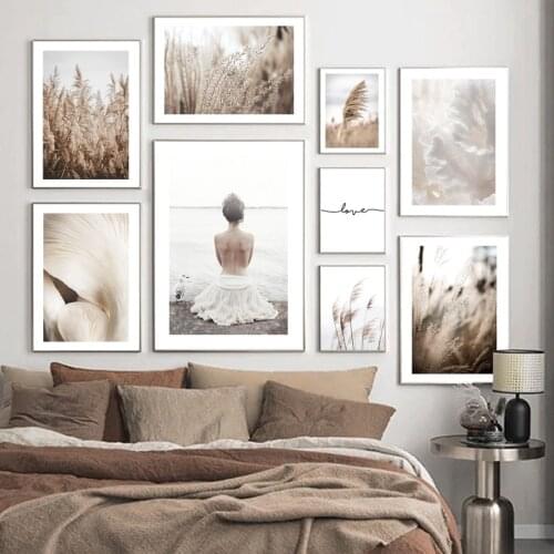 Seaside Girl Back View Reed Grass Mushroom Coral Wall Art Prints Canvas Painting Nordic Poster Decor Pictures For Living Room
