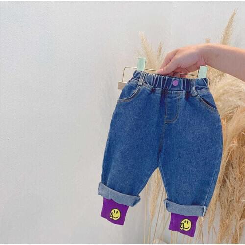 Toddler Boys Girls Jeans Kids Casual Elastic Waist Loose Trousers Unisex Child Korean Patchwork Tie Feet Denim Pants Autumn New