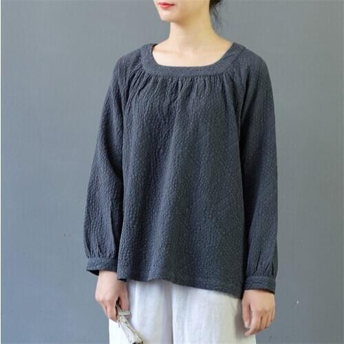 SCUWLINEN 2020 Spring Autumn Women Tops Casual Square Collar Jacquard Long-sleeve Linen Cotton Female T-shirt Kawaii Blusa S455