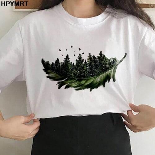 New Summer Tshirt Women Feather Bird Short Sleeve Print Fashion Lady Clothes Tshirt Female Tee Top Graphic Short sleeve T-shirt