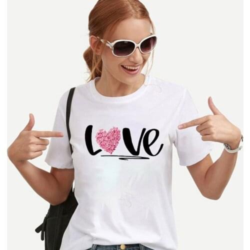 Pink Rose Flower Heart Love Letters Printed T-Shirts Summer Hot Sale Casual Tops Oversized Vintage Streetwear Womens Loose Tee