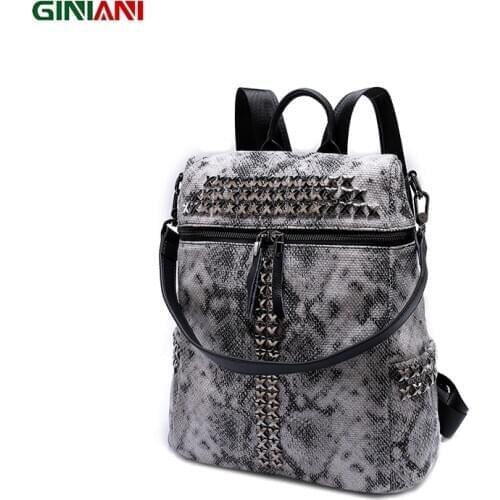 GINIANI Speical Serpentine Material XX Rivet Cool Rock Style Unisex Backpack Womens Front Zipper Large Capacity Shoulder Bags