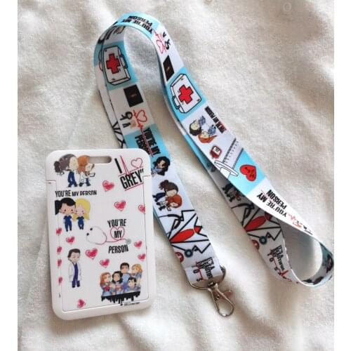 Hot Sale! 1 set Greys Anatomy Doctors nurse Lanyard Neck Strap Card Bus ID Holders With Key Chain