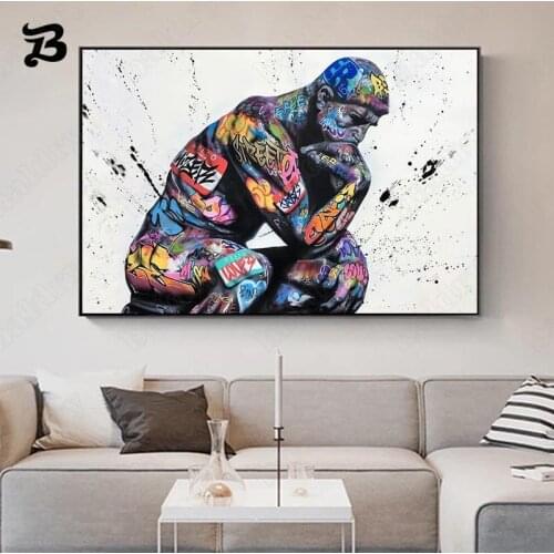 Canvas Painting Thinker Man Graffiti Art Paintings On The Wall Canvas Poster and Print Portrait Wall Art Picture for Living Room