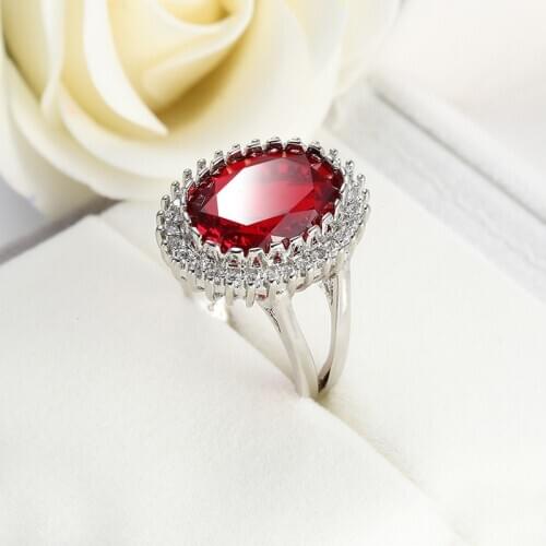 Top Quality Silver Color Finger Rings Shining Big Oval Garnet CZ Crystal Propose Wedding Anniversary Women Gift Jewelry