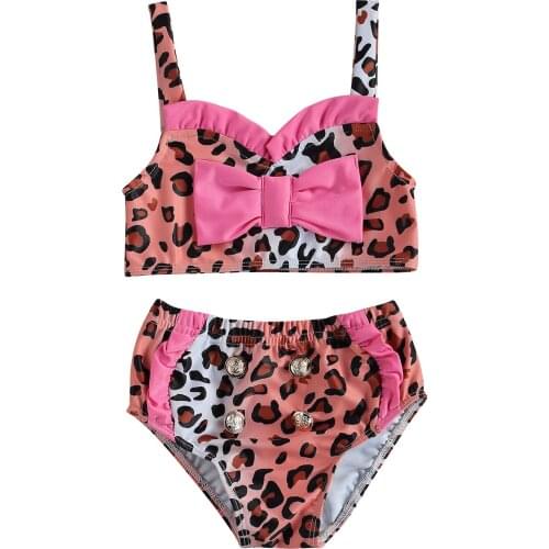 Citgeett Summer Toddler Baby Girls Two-Piece Swimsuits Cute Leopard Print Bowknot Strap Bikini Tops + Bottom Set Clothes