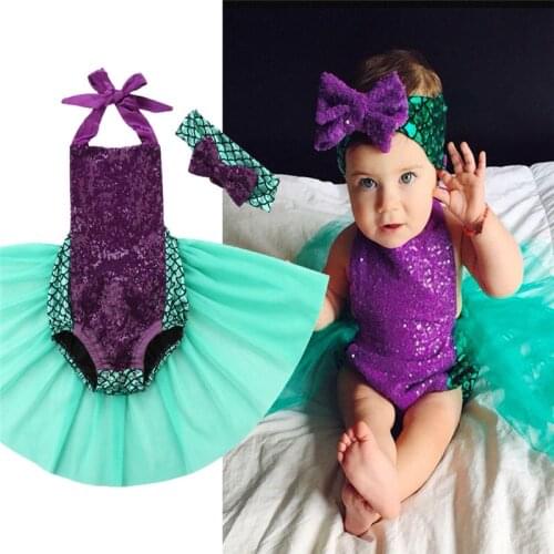 Cute Newborn Baby Girl Mermaid Summer Sets Sleeveless Halter Belt Sequins Bodysuit Tulle Dress Bow Headband 2Pcs Outfits 0-24M
