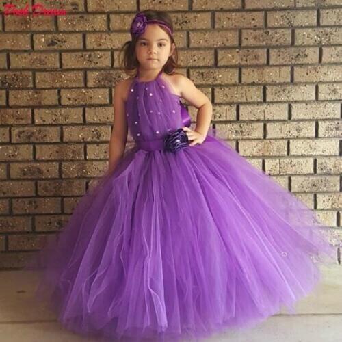 POSH DREAM Purple with Rhinestone Flower Girl Tutu Dress Pearls Flower Children Kids Clothes for Birthday Party Baby Tutu Dress