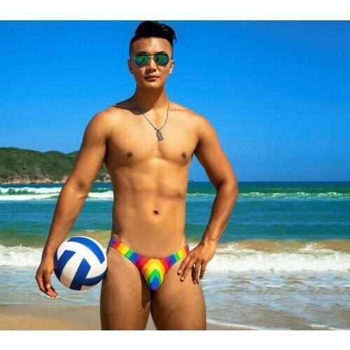 2020 new sexy rainbow print tight low waist swimwear gay bikini men swim trunks briefs men different penis pouch size swimsuits