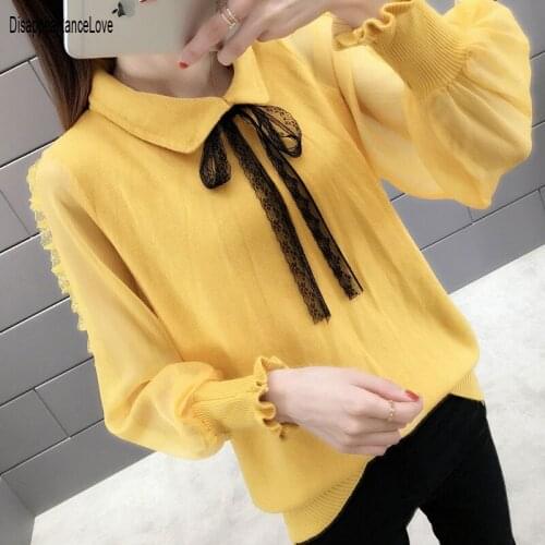 2021 New Fashion Lace Lantern Sleeve Bright Silk Knitted Sweater Slim Graceful Women Sweet Lace Sweater Fashion Outwear