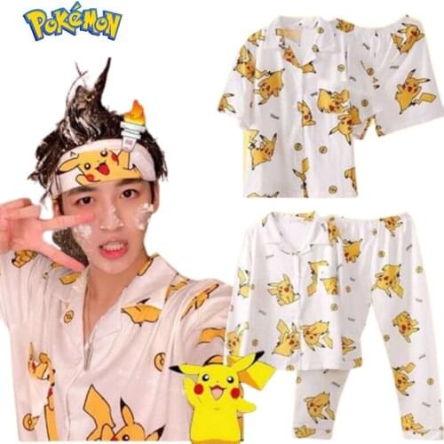 Pokemon Pikachu Spring Summer 2021 New Cute Long-sleeved Trousers Ladies Pajamas Suit Simple Long Pajamas Man Women Home Service