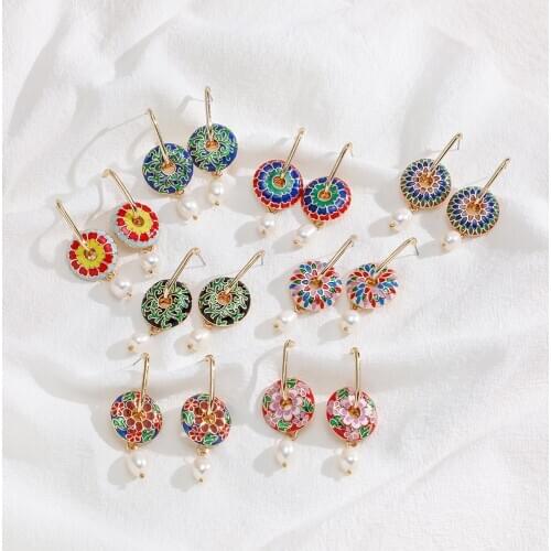 2020 New Fashion Colorful Enameling Flower of Life Pendant Pearl Drop Earrings for Women Girls Bohemian Jewelry