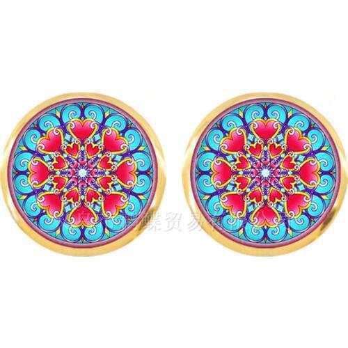 New Fashion Mandala Pattern Stud Earrings For Women Buddhism Zen Yoga Glass Dome Earrings Accessories Jewelry Gift