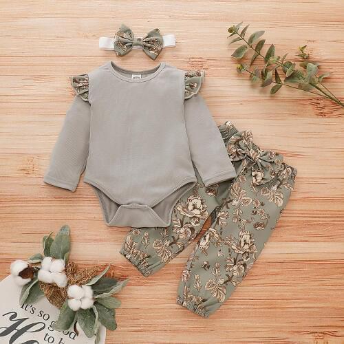 Baby Girl Clothes Newborn Autumn Winter Girls Ruffles Solid Romper Bodysuit+floral Pants+headband Outfits 0-18 Months Clothing
