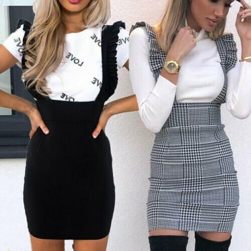 Spring Autumn Women Fashion Dress Ladies Check Frill Ruffle Pinafore Bodycon Party Dress Short Mini Plaid Black Vestido