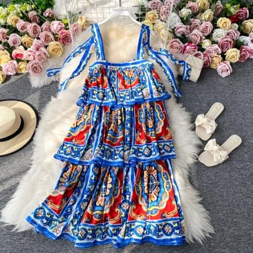 Runway Summer Beach Dress Womens Spaghetti Strap Backless Layers Cake Ruffles Long Dress Vestido De Mujer