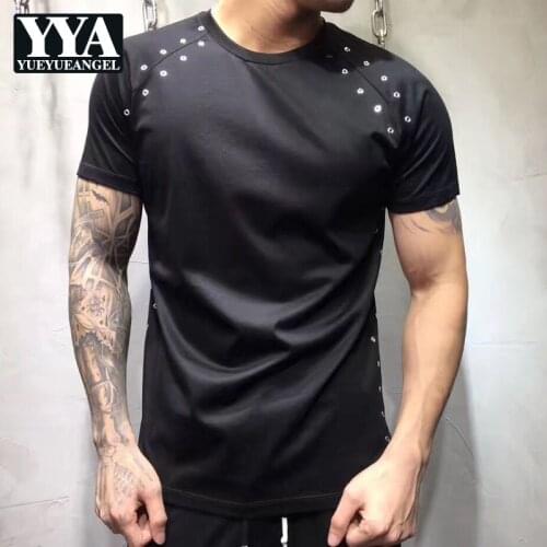 Rivet Casual Slim Short Sleeve T-Shirts Men Street Round Neck Black Tops Comfortable Summer New Hip Hop Cotton T Shirts S-3XL