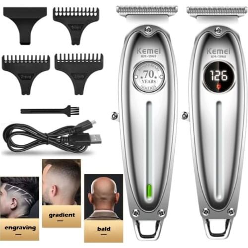 Kemei All Metal LCD Professional Hair Clipper Men Electric Cordless Hair Trimmer 0mm Baldheaded T Blade Finish Haircut Machine