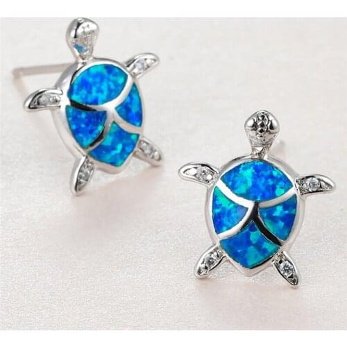 Luxury Female Small Sea Turtle Earrings Charm Silver Color Stud Earrings Dainty Blue Opal Stone Wedding Earrings For Women