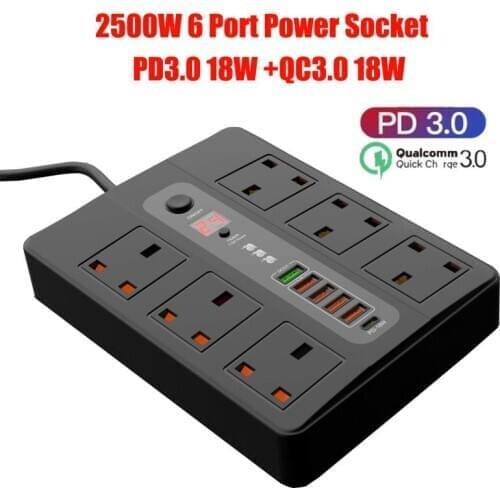 UK 2500W Power Strip 6 AC Outlet with QC3.0 PD USB Fast Charging Adapter, Electrical Timer Surge Protector Extension Cord Socket