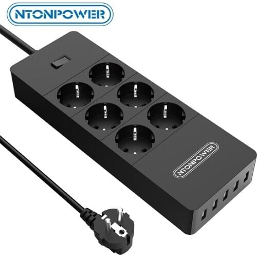 NTONPOWER Network Filter Smart Power Strip Multi Plug 5 USB Socket Surge Protector-1.5m Power Cord Wall Charger Adapter for Hom