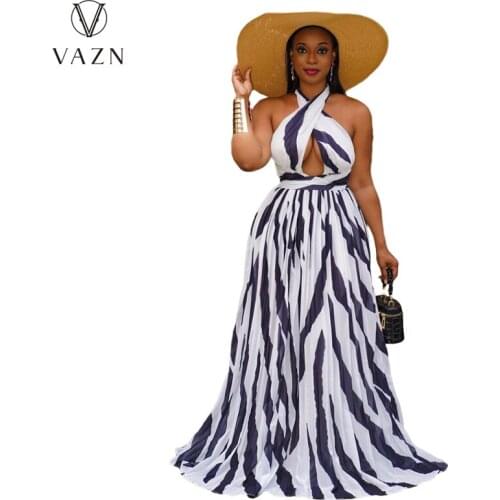 VAZN 2021 Backless Striped Chic Ladies Casual Shinny Night Party Shinny Slim Maxi Dress Sleeveless Strapless Dress