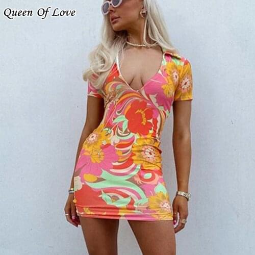 Vintage Harajuku Y2K Aesthetic Mini Dress Floral Print Bodycon Sundress Sexy Beach Club Party Dresses Outfit 2021 Summer