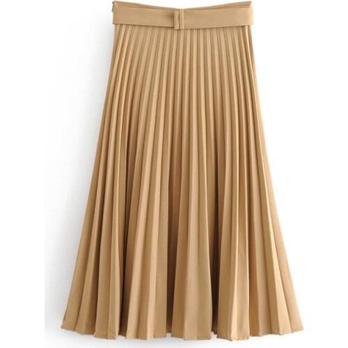 Pure High Quality Solid Pleated Loose Skirt Sashes Mid Calf Skirts Womens High Waist Vintage Spring Autumn